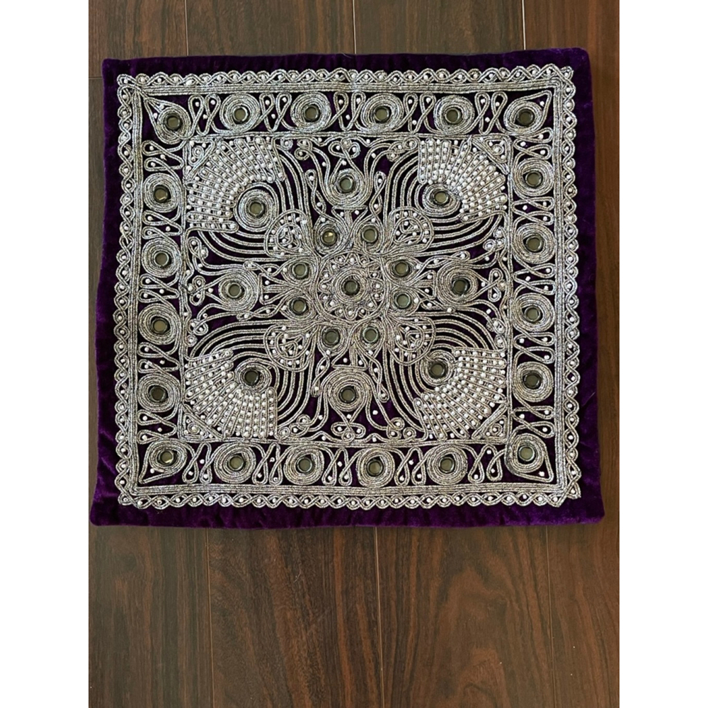 Vintage Indian Velvet Mirrorwork Pillow Cover 15x15 – Zari Embroidered